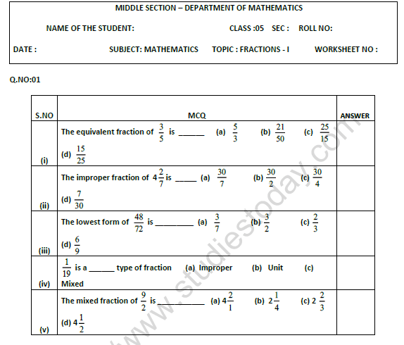 CBSE Class 5 Mathematics Fraction Worksheet